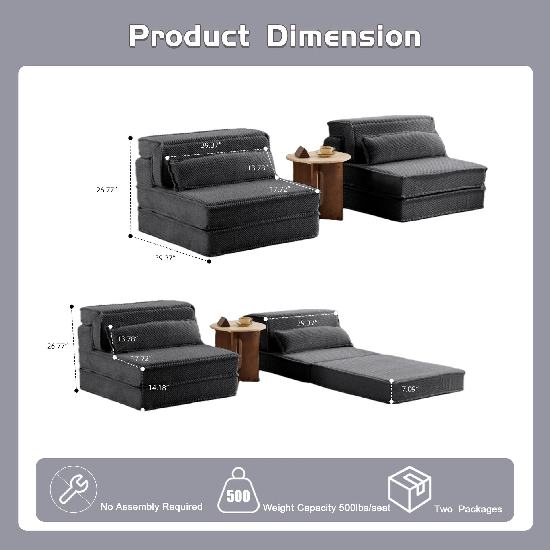 Compression Mahjong Sofa,Convertible Floor Sofa Bed,DIY Boneless Modular Sectional Sofa,No Assembly Required,Circle fleece fabric,Oversized 2 Seater with 2 Pillows,Dark-grey