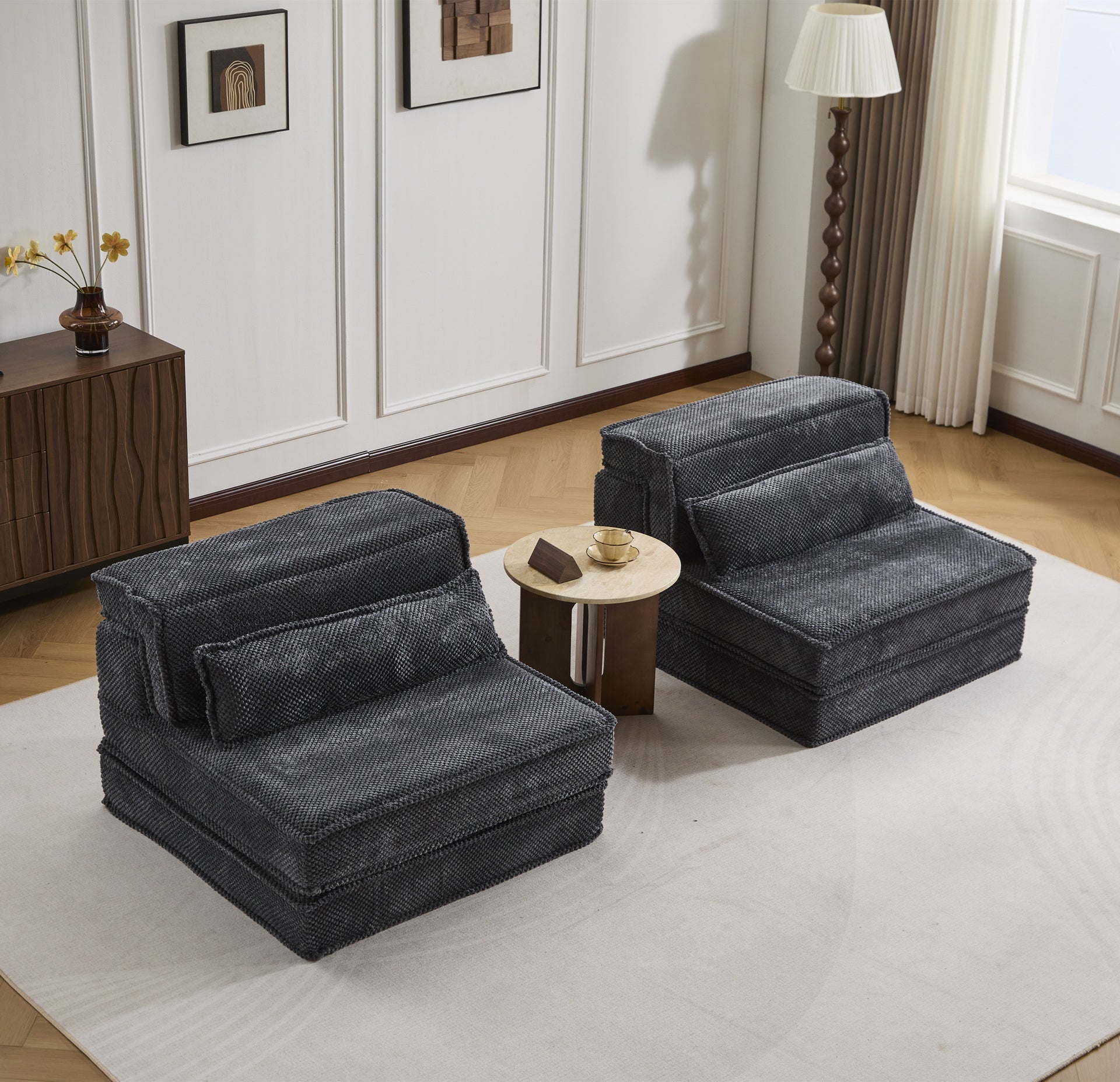 Compression Mahjong Sofa,Convertible Floor Sofa Bed,DIY Boneless Modular Sectional Sofa,No Assembly Required,Circle fleece fabric,Oversized 2 Seater with 2 Pillows,Dark-grey