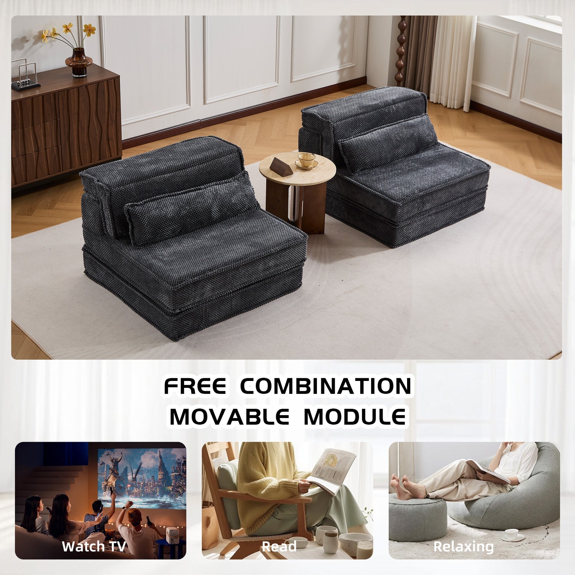 Compression Mahjong Sofa,Convertible Floor Sofa Bed,DIY Boneless Modular Sectional Sofa,No Assembly Required,Circle fleece fabric,Oversized 2 Seater with 2 Pillows,Dark-grey