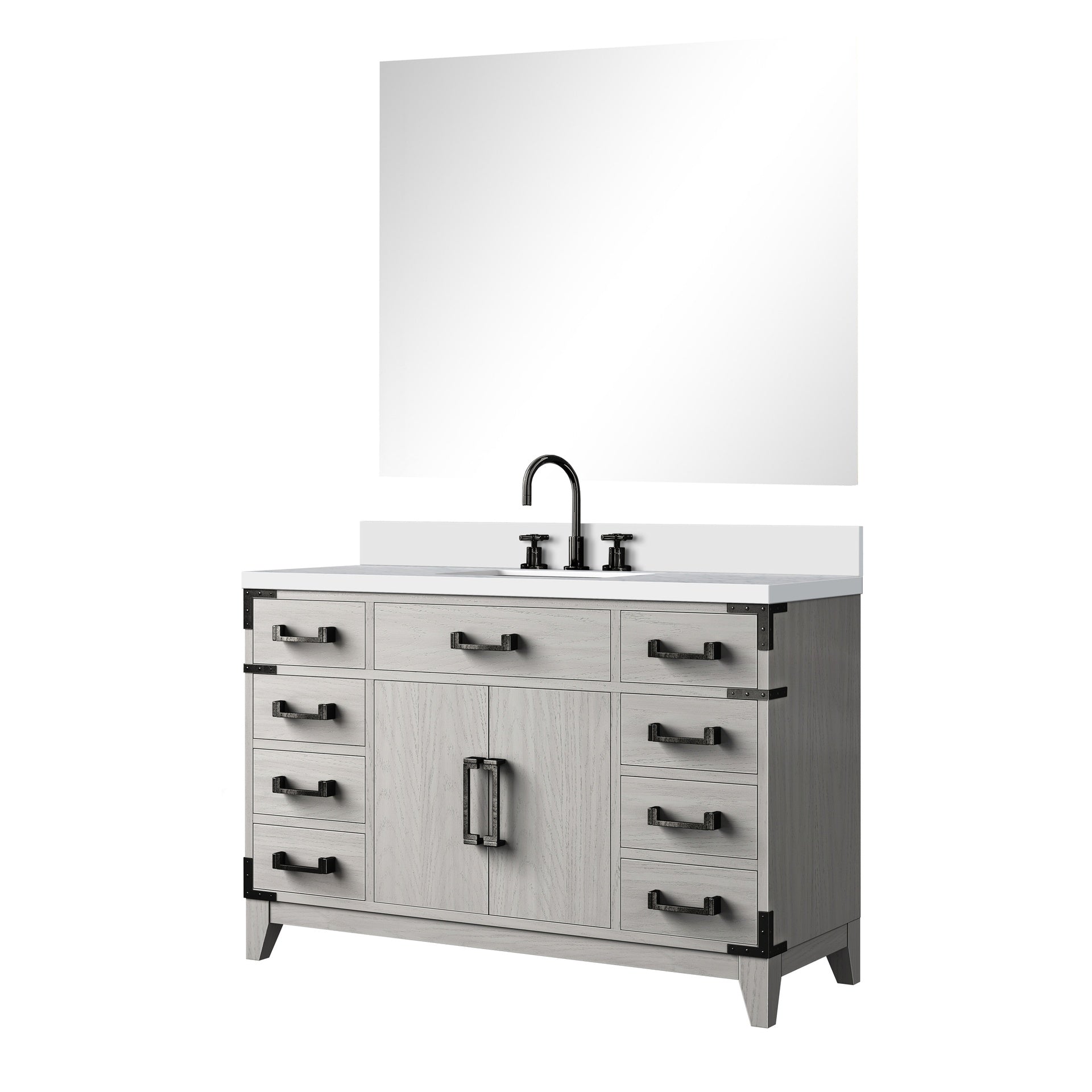 White Oak Single Bath Vanity 48 in. W x 22 in. D, White Quartz Top, Faucet Set, and 46 in. Mirror