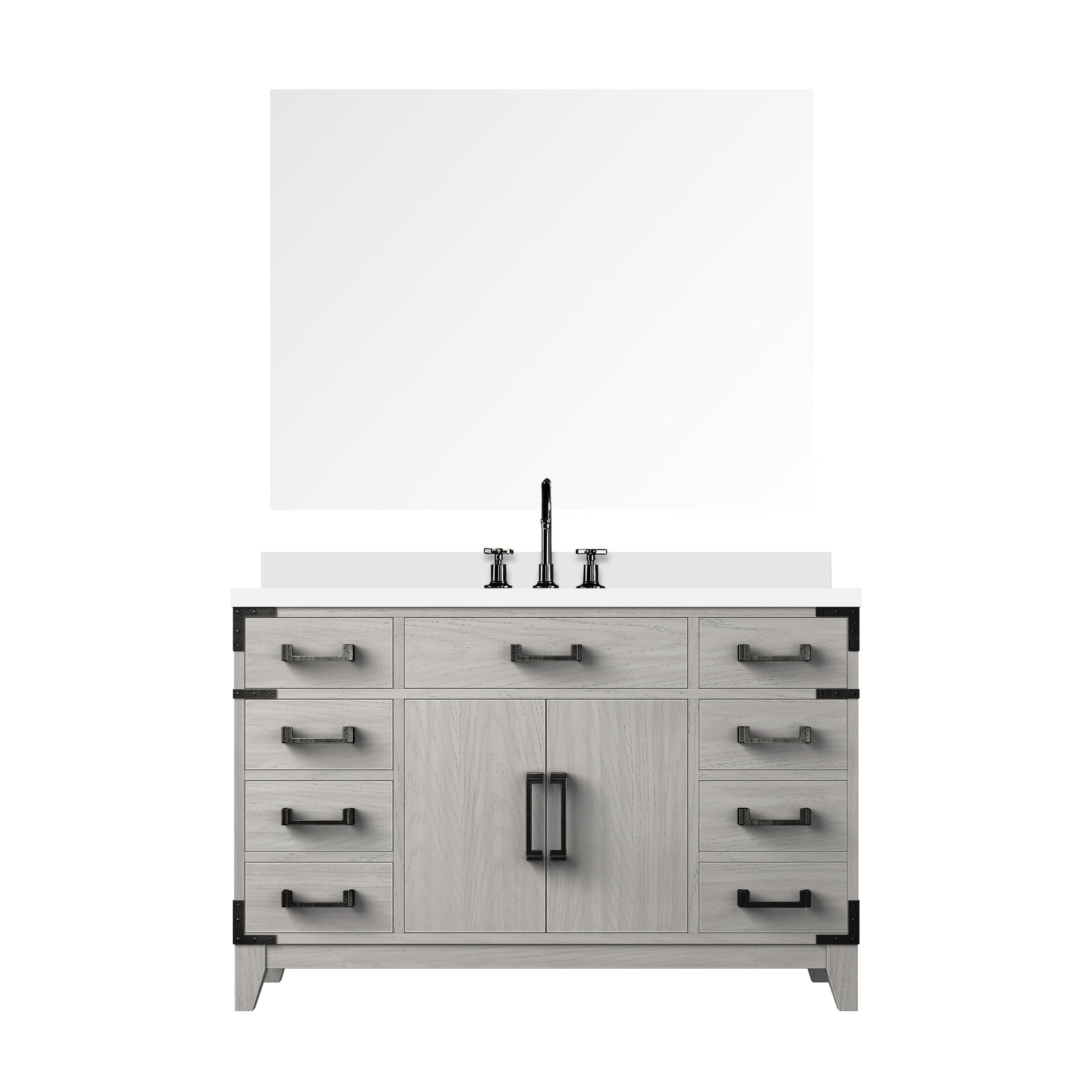 White Oak Single Bath Vanity 48 in. W x 22 in. D, White Quartz Top, Faucet Set, and 46 in. Mirror