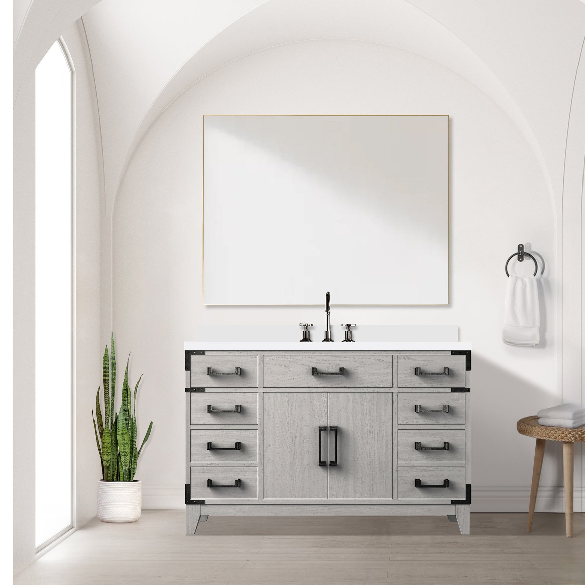 White Oak Single Bath Vanity 48 in. W x 22 in. D, White Quartz Top, Faucet Set, and 46 in. Mirror