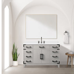 White Oak Single Bath Vanity 48 in. W x 22 in. D, White Quartz Top, Faucet Set, and 46 in. Mirror