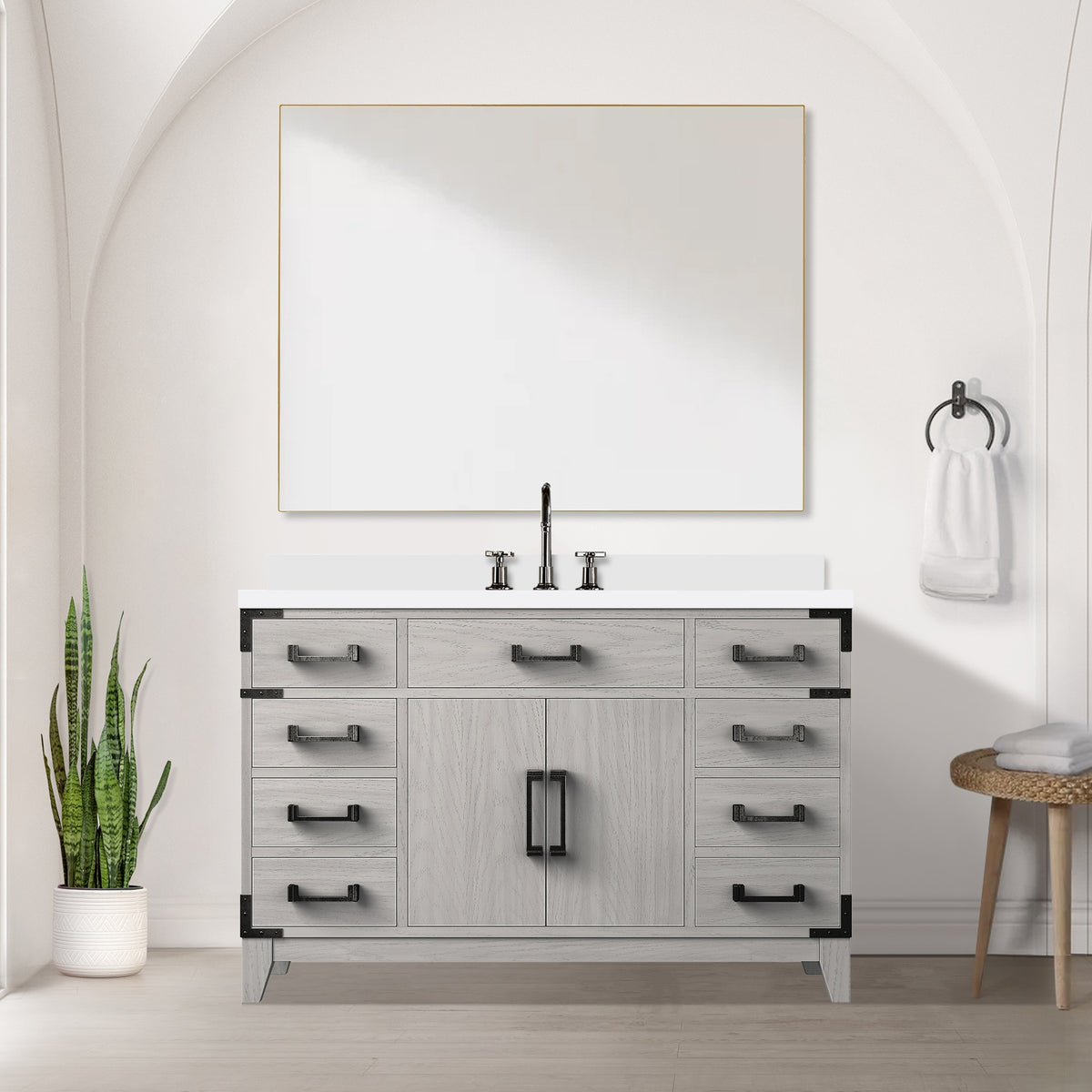 White Oak Single Bath Vanity 48 in. W x 22 in. D, White Quartz Top, Faucet Set, and 46 in. Mirror