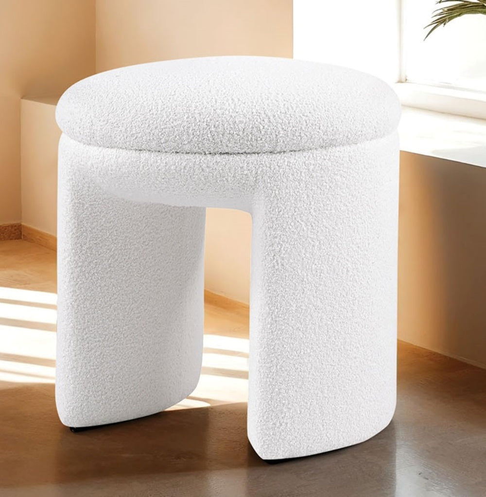 Contemporary Style Teddy Fabric Round Top 1pc Accent Stool Bench Design White Finish Primary Living Room