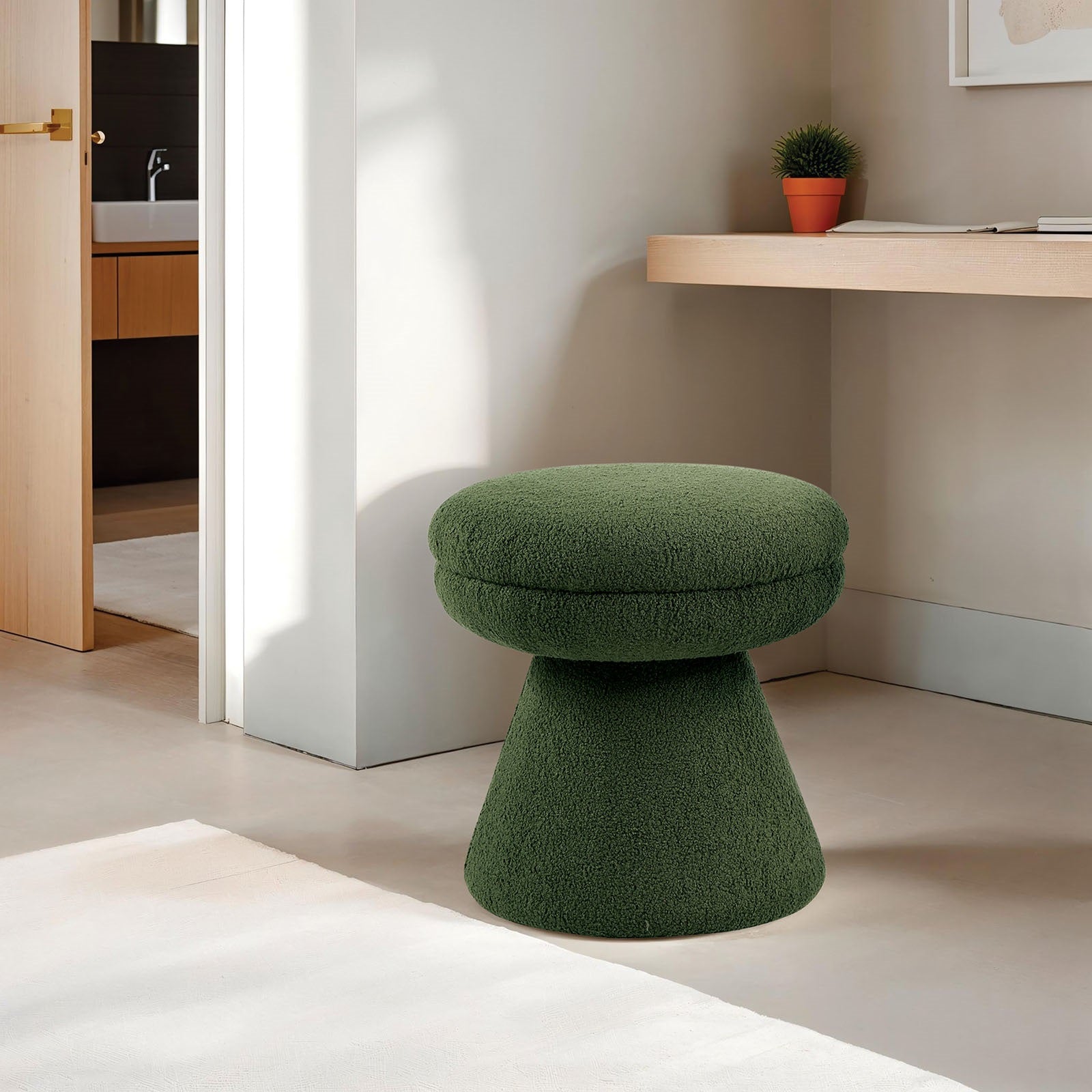 Green Finish Contemporary 1pc Round Top Accent Stool Teddy Fabric Pedestal Base Mushroom Shape Design Primary Living Room