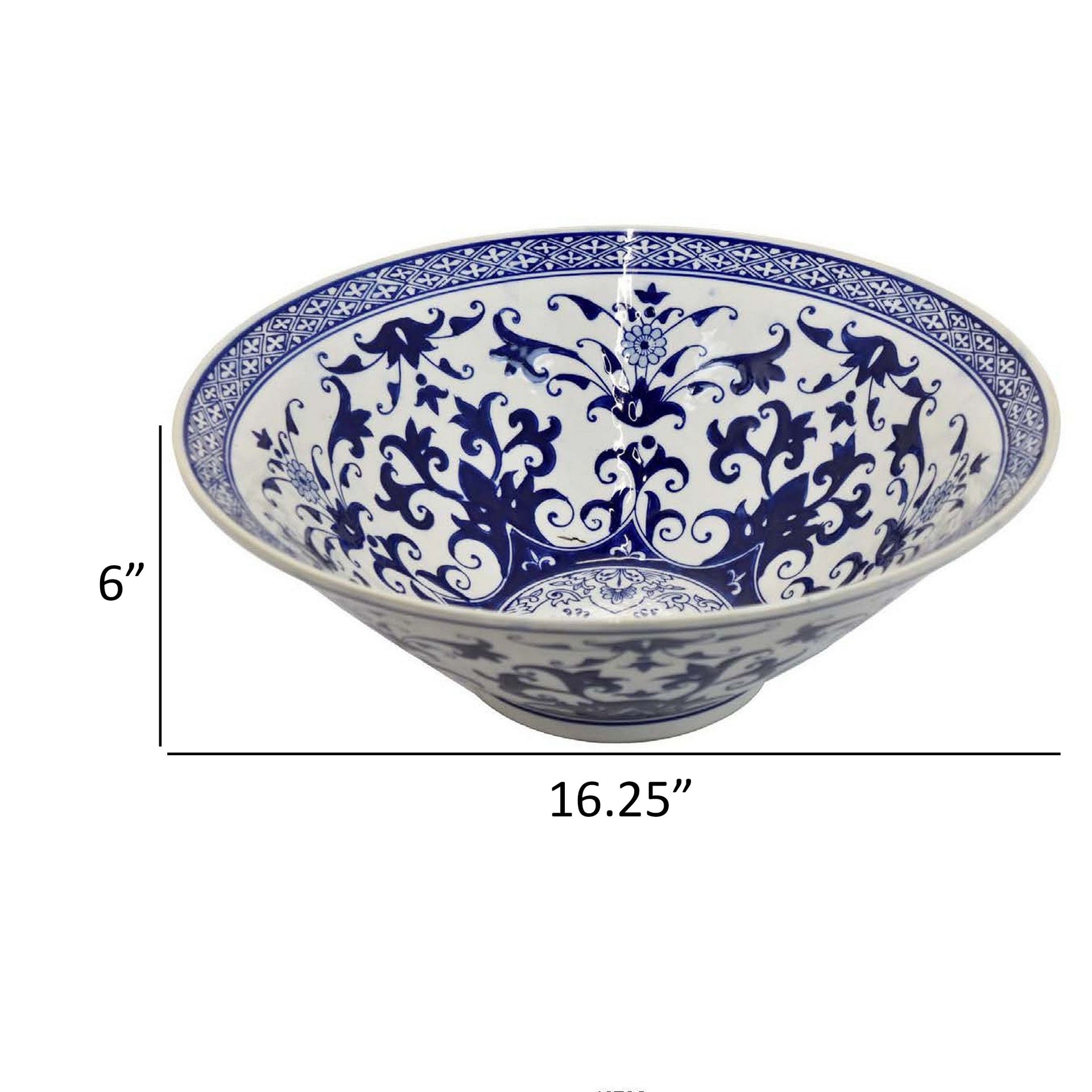 Cherry 16 Inch Decorative Bowl, Ceramic, Floral Design, Blue and White