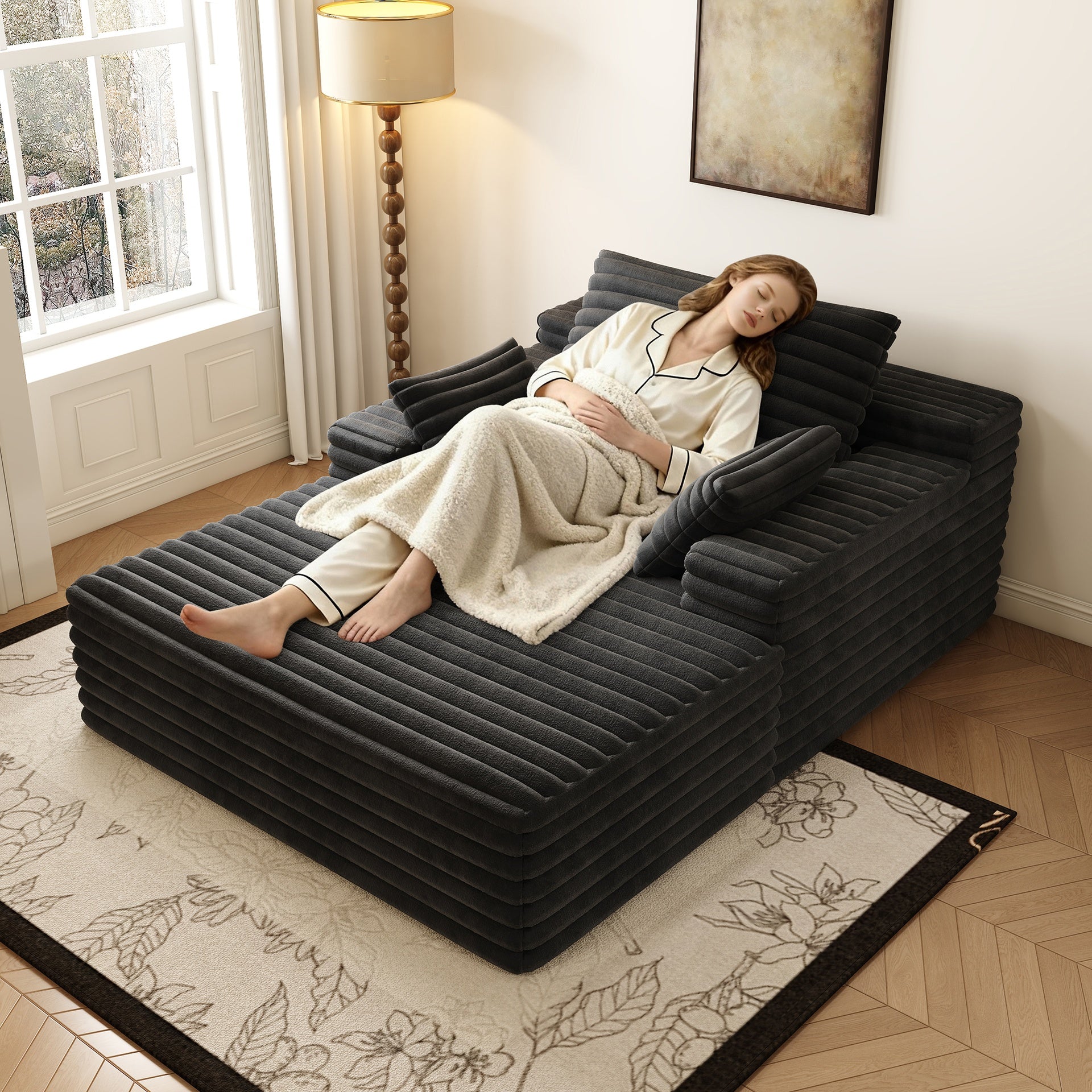 63"*47"odern Sofa bed  lounger for moviebonus room,No Assembly Required,Black(Plush Corduroy Fabric)