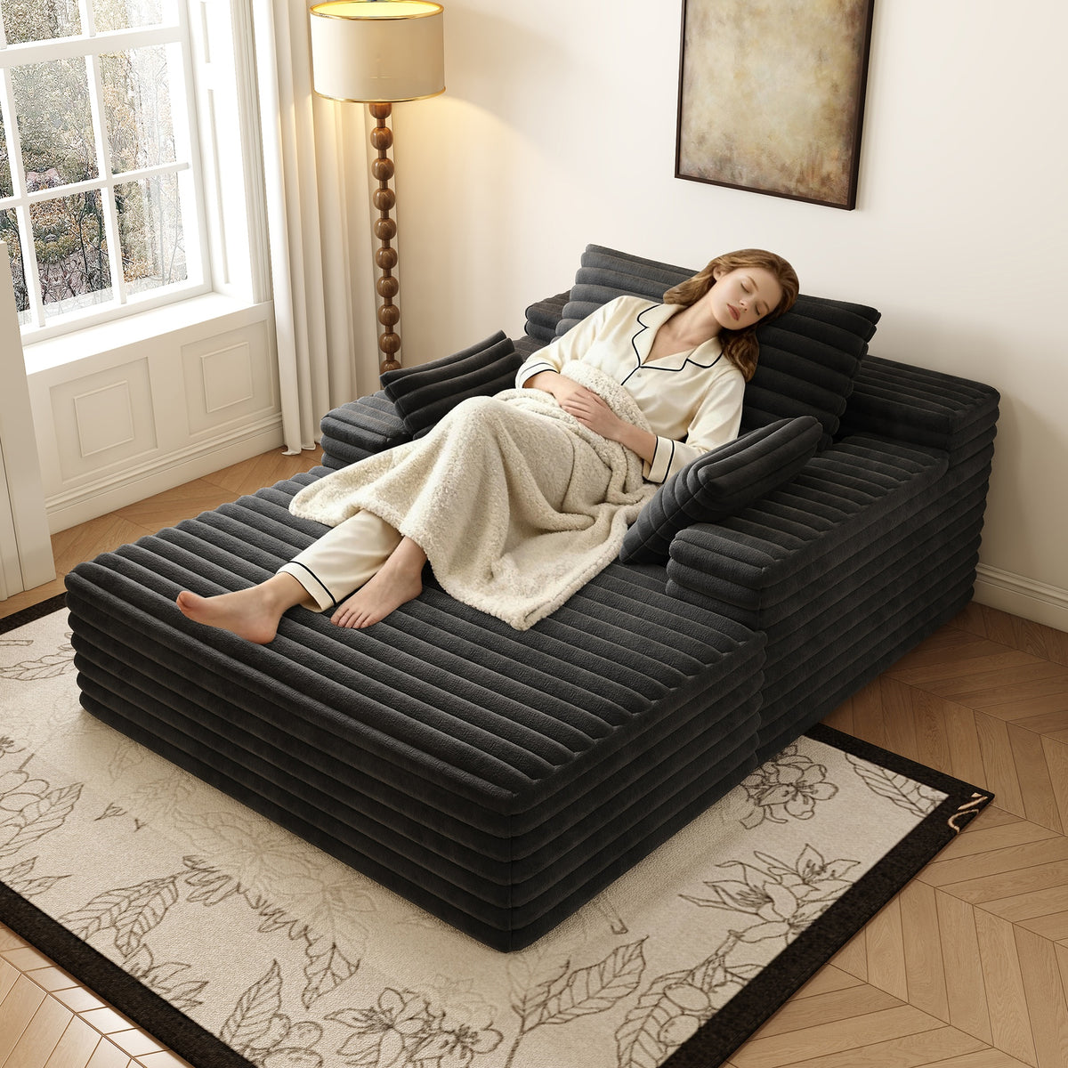 63"*47"odern Sofa bed  lounger for moviebonus room,No Assembly Required,Black(Plush Corduroy Fabric)