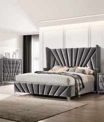 Bedroom Wingback Headboard 1pc California King Size Bed Furniture Gray Fabric Upholstered Unique Bed