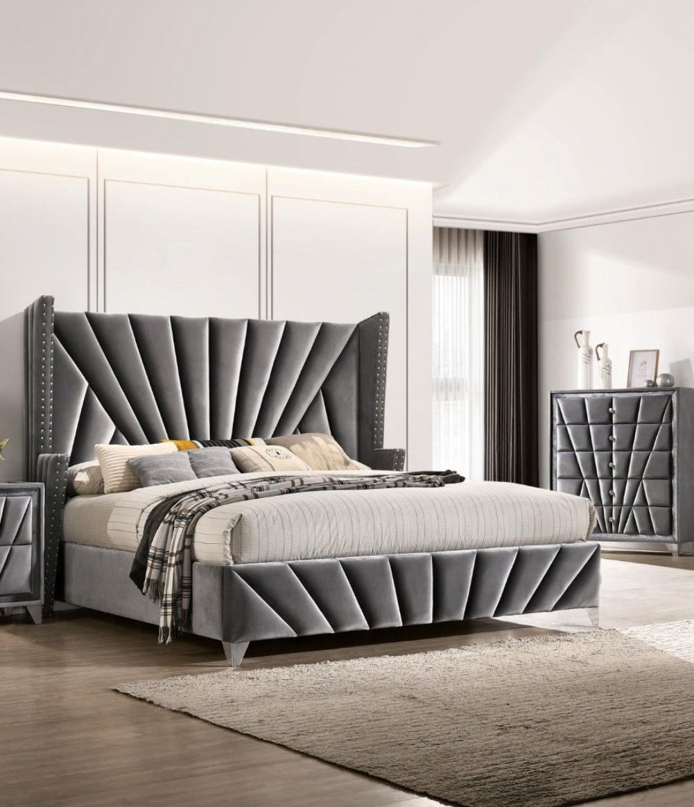 Bedroom Wingback Headboard 1pc California King Size Bed Furniture Gray Fabric Upholstered Unique Bed