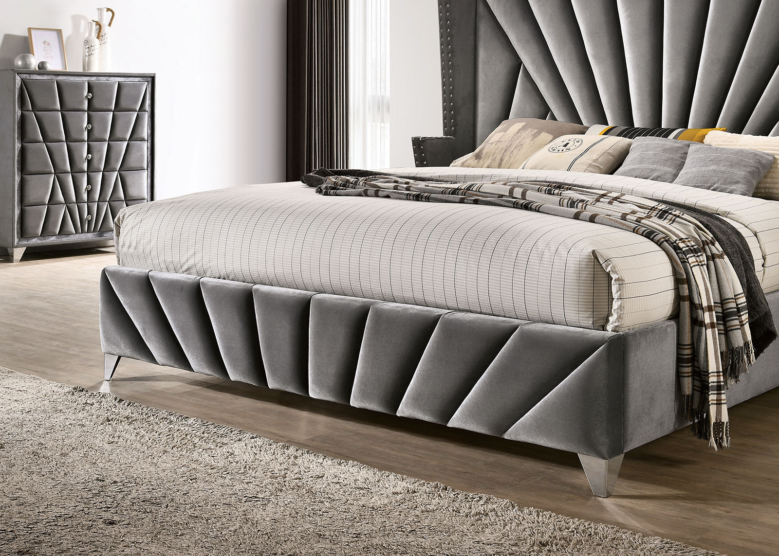 Bedroom Wingback Headboard 1pc California King Size Bed Furniture Gray Fabric Upholstered Unique Bed