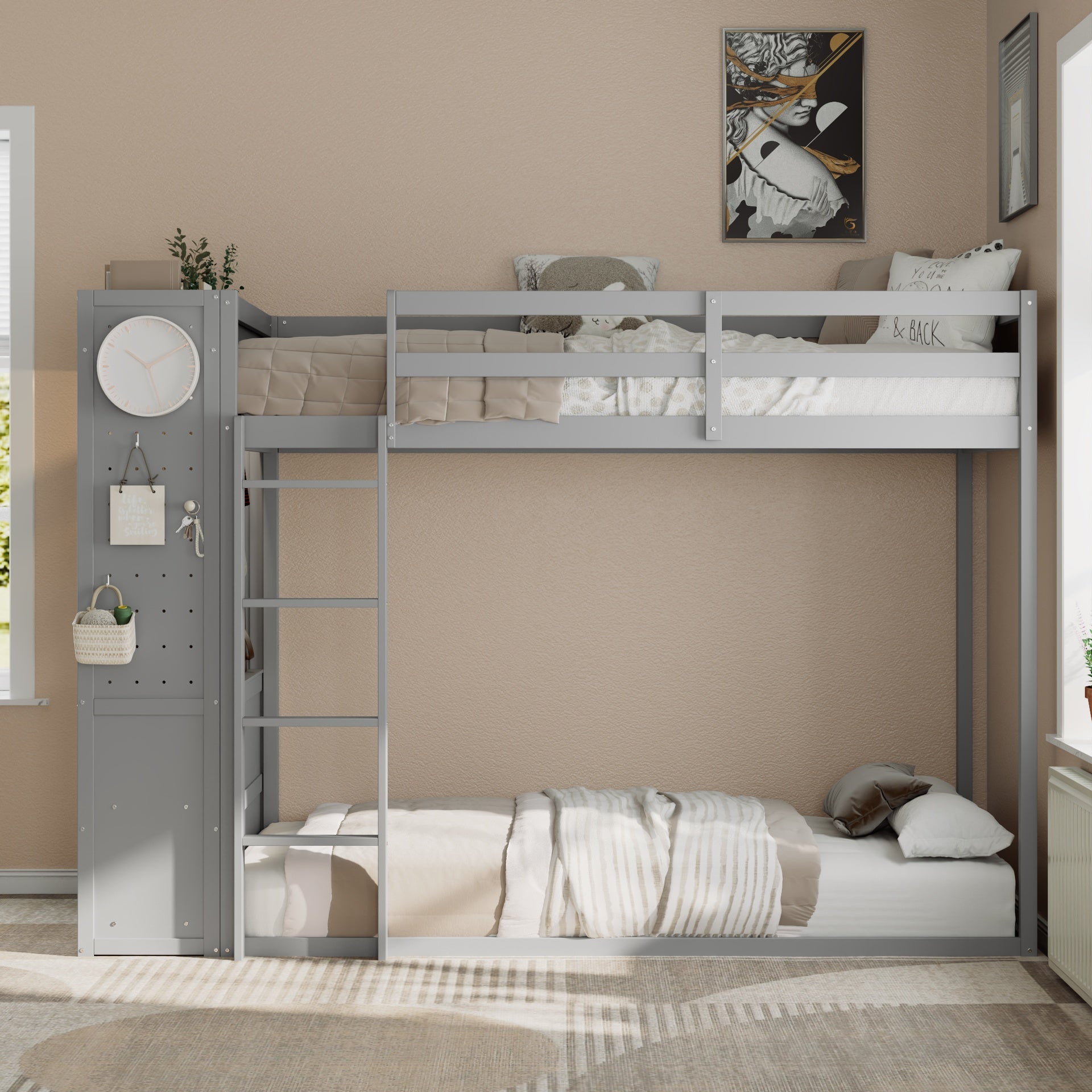 Twin Size Bunk Bed with 4 Storage Drawers, Hanging Rail, Light Strip and Built-in Shelves & Dual Pegboards, 3 Colors Available,Gray