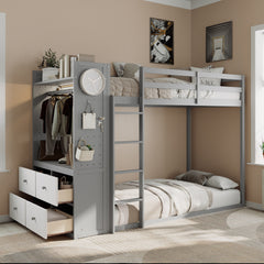 Twin Size Bunk Bed with 4 Storage Drawers, Hanging Rail, Light Strip and Built-in Shelves & Dual Pegboards, 3 Colors Available,Gray