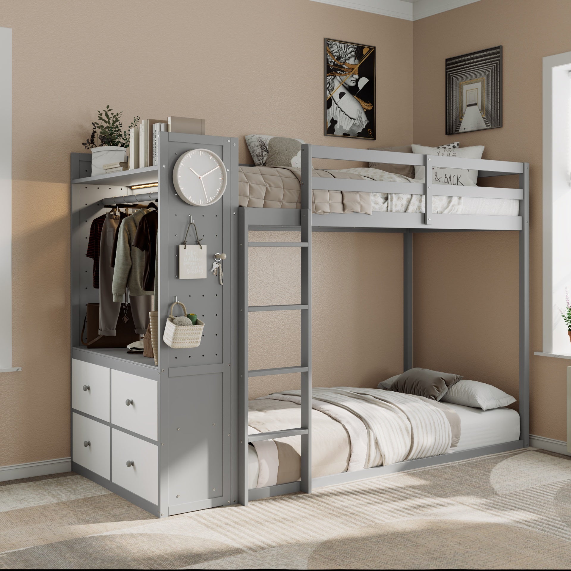 Twin Size Bunk Bed with 4 Storage Drawers, Hanging Rail, Light Strip and Built-in Shelves & Dual Pegboards, 3 Colors Available,Gray