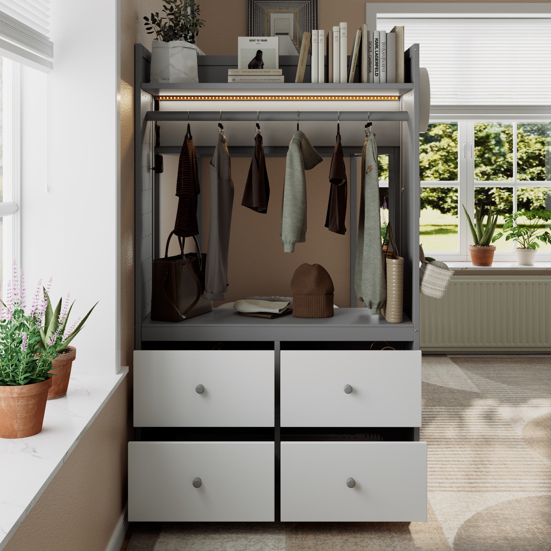 Twin Size Bunk Bed with 4 Storage Drawers, Hanging Rail, Light Strip and Built-in Shelves & Dual Pegboards, 3 Colors Available,Gray