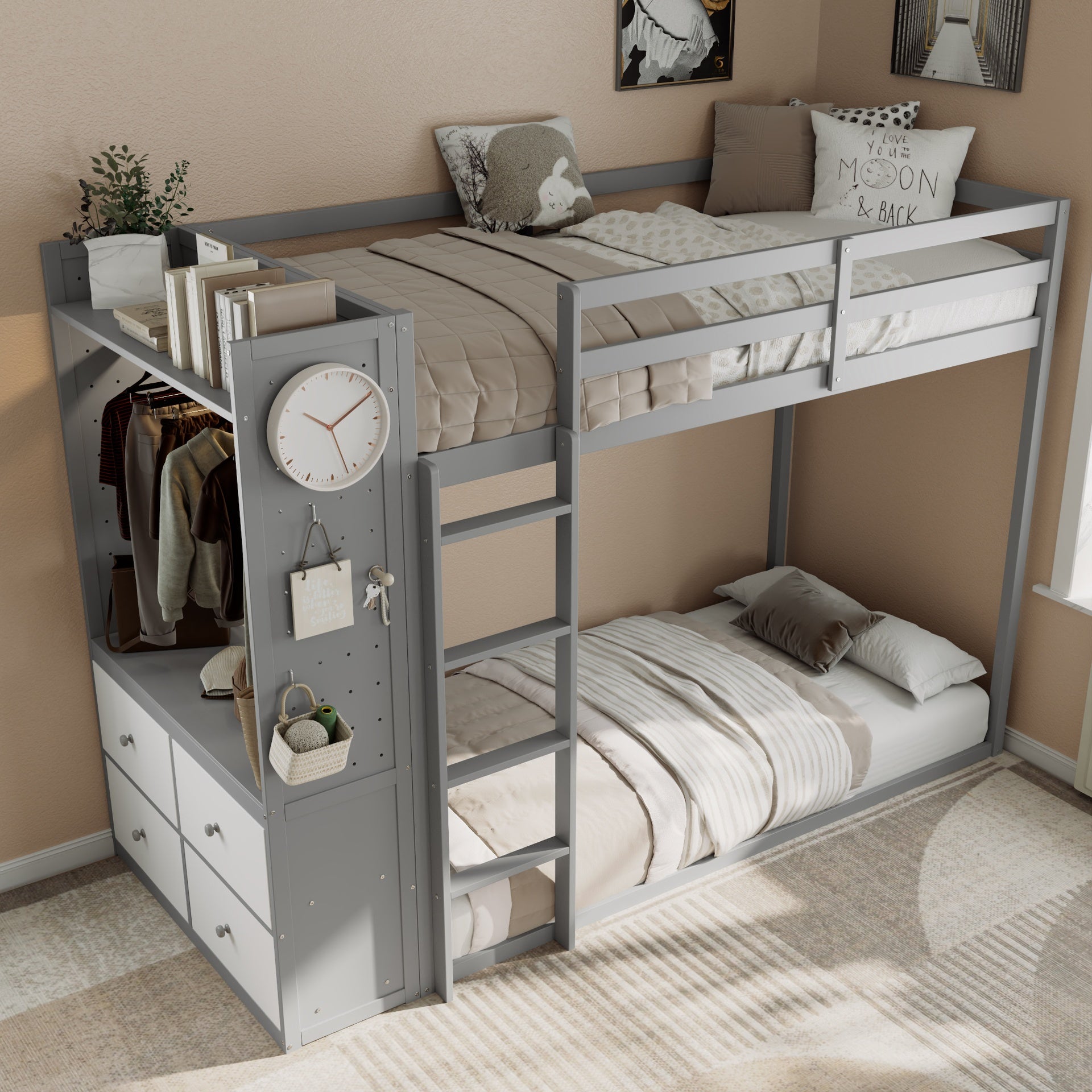 Twin Size Bunk Bed with 4 Storage Drawers, Hanging Rail, Light Strip and Built-in Shelves & Dual Pegboards, 3 Colors Available,Gray