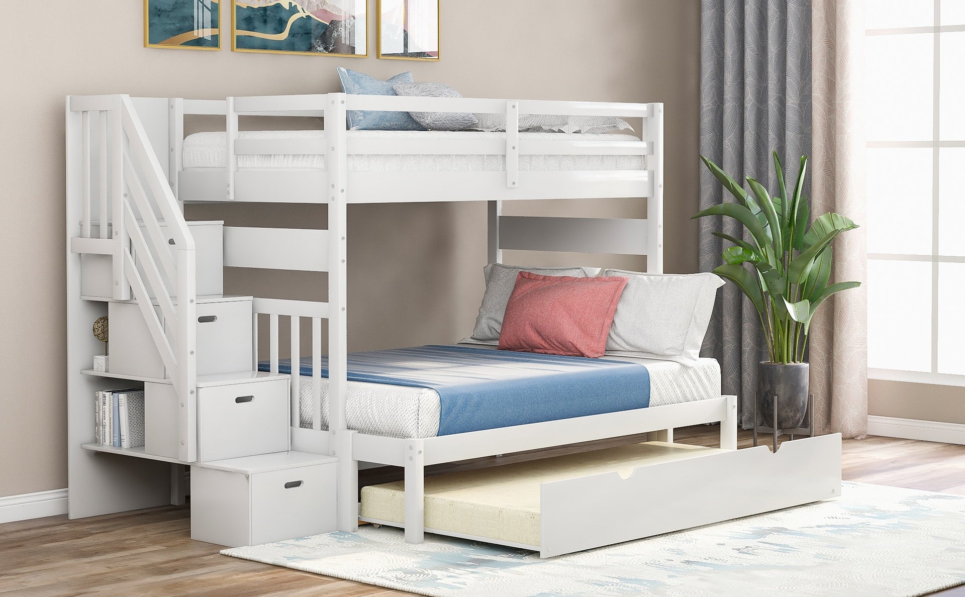 Twin over Full Bunk Bed with Twin Size Trundle (White)(OLD SKU :LT000025AAK-1)