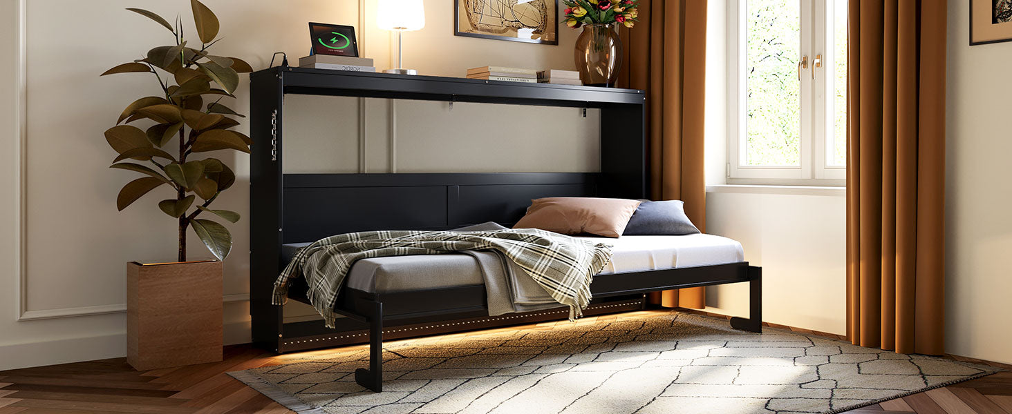 Twin-Size Modern Side-Folding Murphy Bed with Trendy Printed Pattern, LED Under-Bed Lighting & Built-In USB Outlet – Space-Saving Design-Black