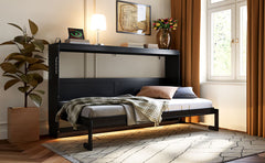 Twin-Size Modern Side-Folding Murphy Bed with Trendy Printed Pattern, LED Under-Bed Lighting & Built-In USB Outlet – Space-Saving Design-Black