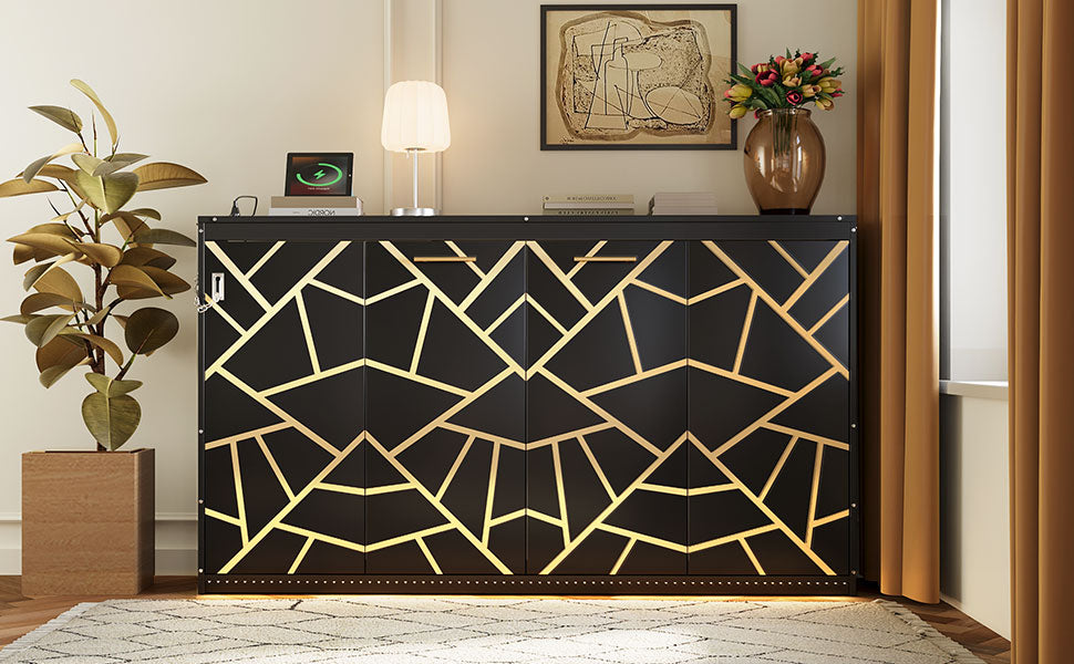 Twin-Size Modern Side-Folding Murphy Bed with Trendy Printed Pattern, LED Under-Bed Lighting & Built-In USB Outlet – Space-Saving Design-Black