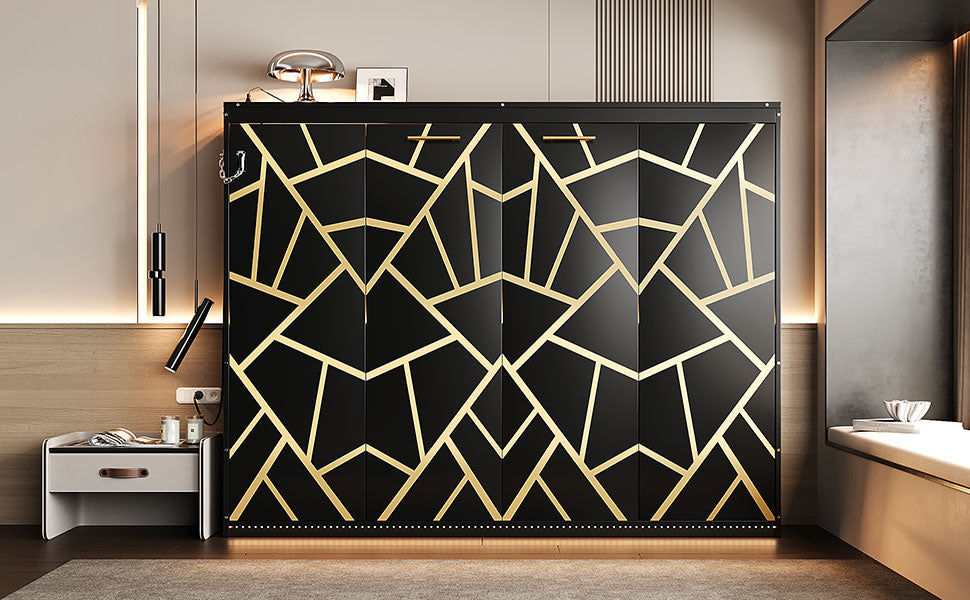 Queen-Size Modern Side-Folding Murphy Bed with Trendy Printed Pattern, LED Under-Bed Lighting & Built-In USB Outlet – Space-Saving Design-Black
