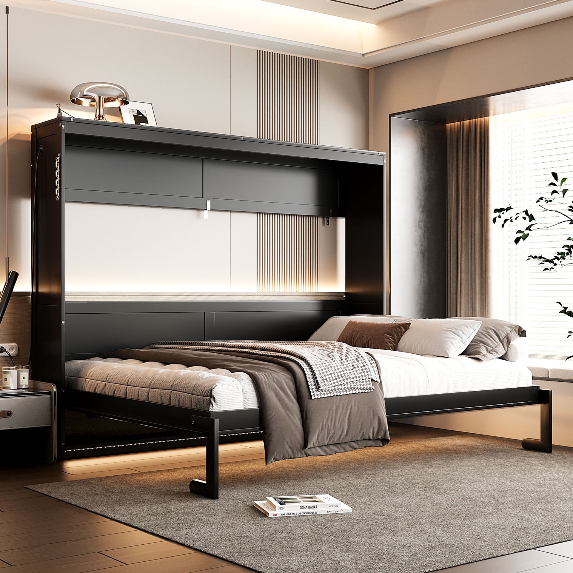 Queen-Size Modern Side-Folding Murphy Bed with Trendy Printed Pattern, LED Under-Bed Lighting & Built-In USB Outlet – Space-Saving Design-Black