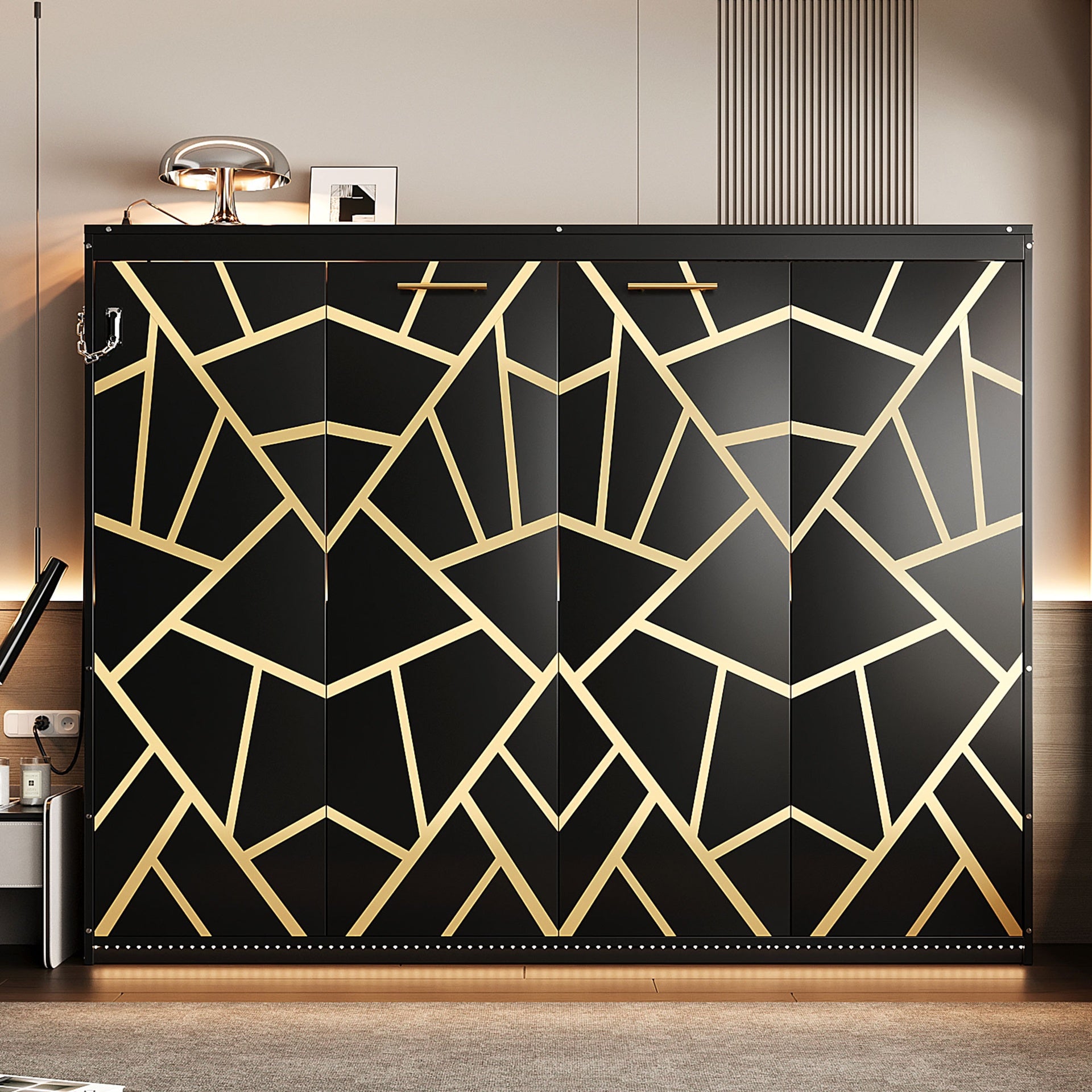 Queen-Size Modern Side-Folding Murphy Bed with Trendy Printed Pattern, LED Under-Bed Lighting & Built-In USB Outlet – Space-Saving Design-Black