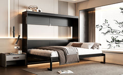 Queen-Size Modern Side-Folding Murphy Bed with Trendy Printed Pattern, LED Under-Bed Lighting & Built-In USB Outlet – Space-Saving Design-Black