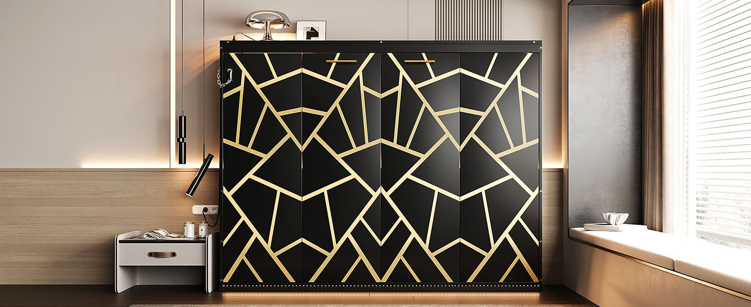 Queen-Size Modern Side-Folding Murphy Bed with Trendy Printed Pattern, LED Under-Bed Lighting & Built-In USB Outlet – Space-Saving Design-Black