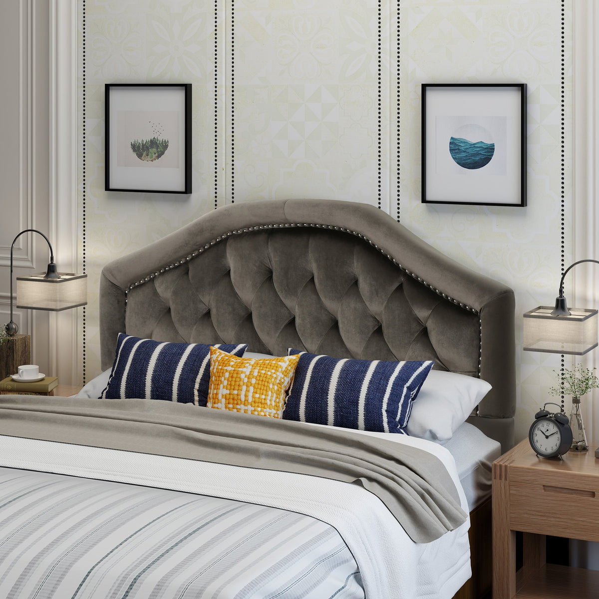Tufted Upholstered Headboard Queen Size, Solid Wood Head Board with Durable Metal Legs, Adjustable Height Queen headboard with Nailhead Trim in Bedroom