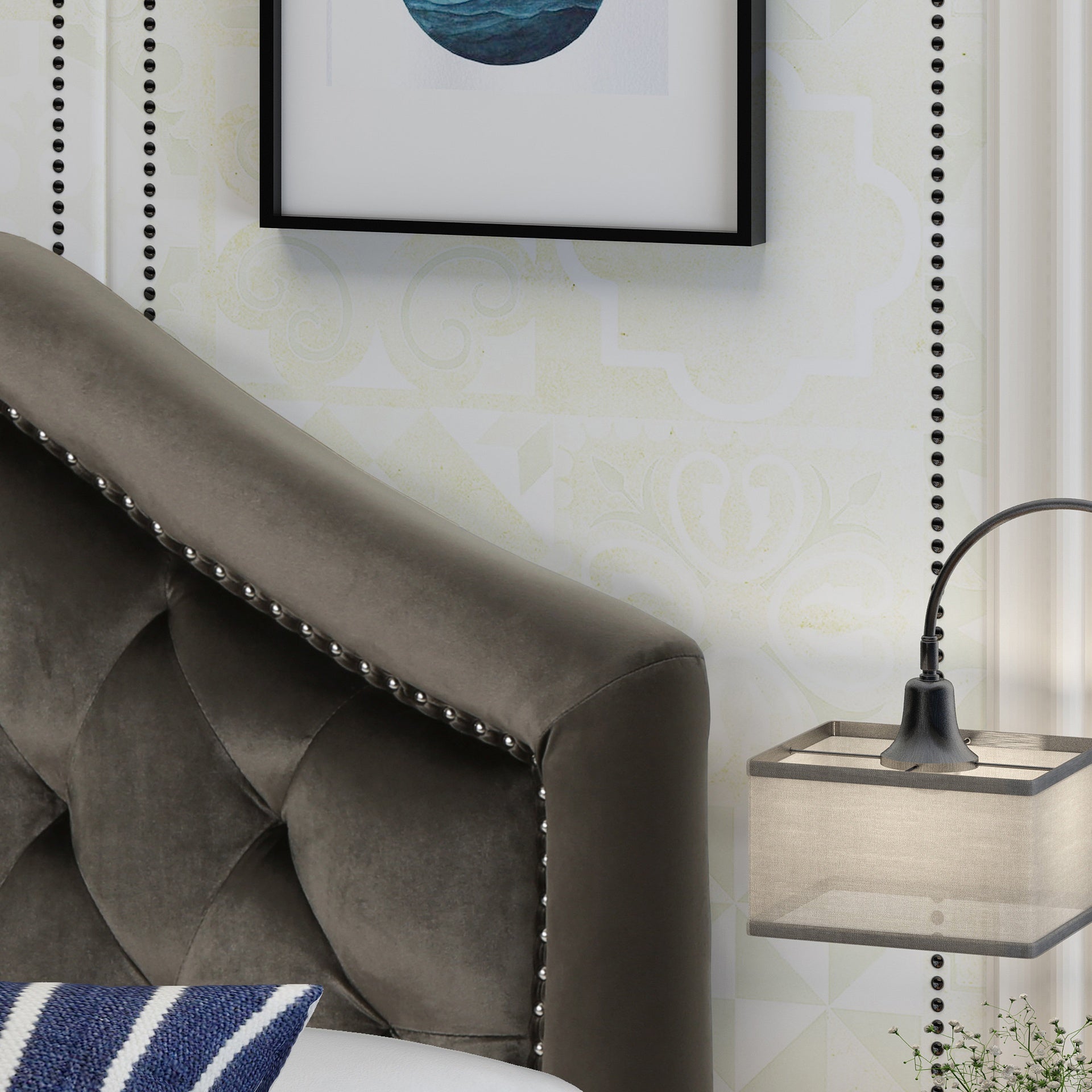 Tufted Upholstered Headboard Queen Size, Solid Wood Head Board with Durable Metal Legs, Adjustable Height Queen headboard with Nailhead Trim in Bedroom