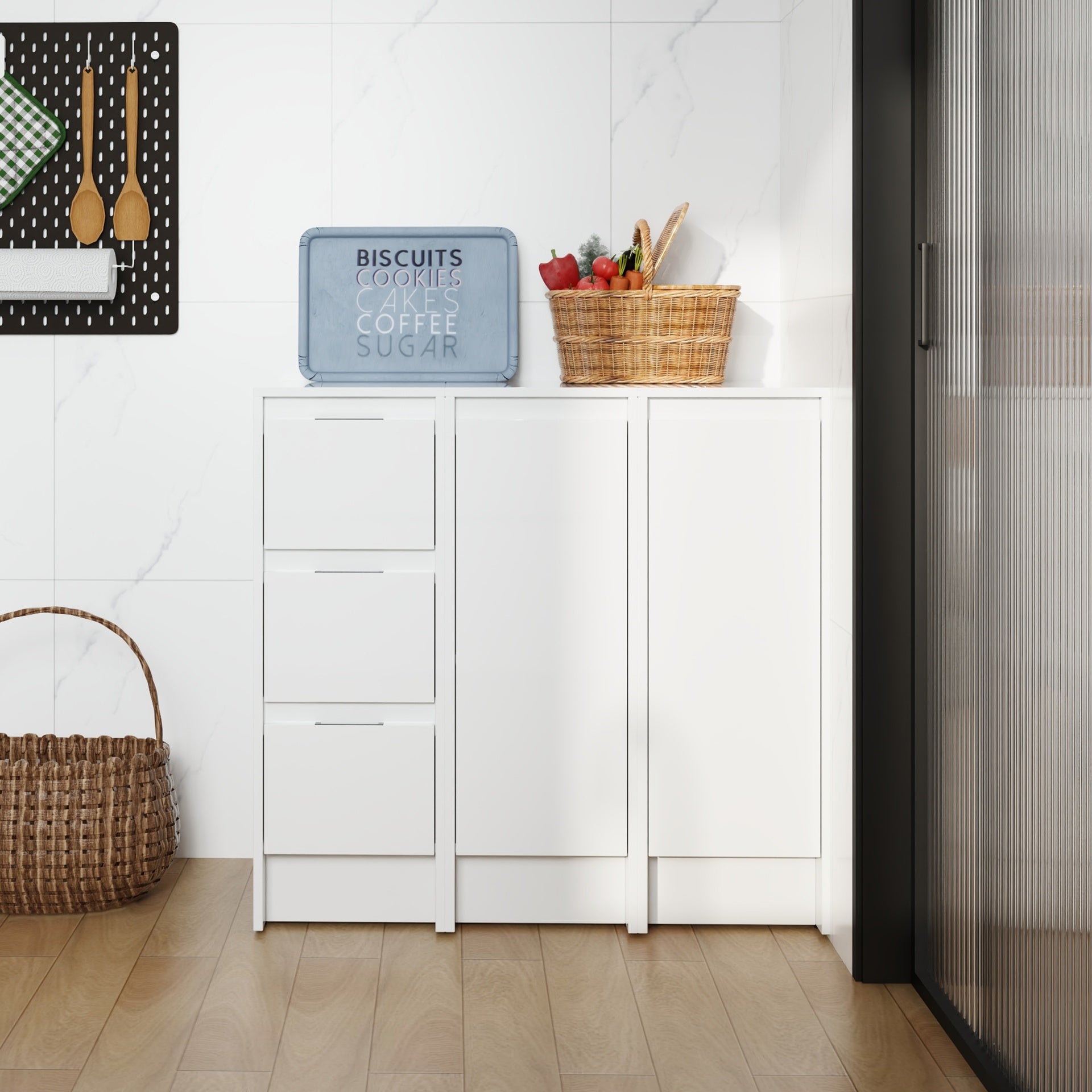 36" Freestanding Bathroom Storage Cabinet, Soft Close Doors and Drawers , Glossy White, Plywood, KD-Packing, 12" x3 Combination (Suitable For Bathroom, Kitchen, Study Room, Bedroom, Etc)