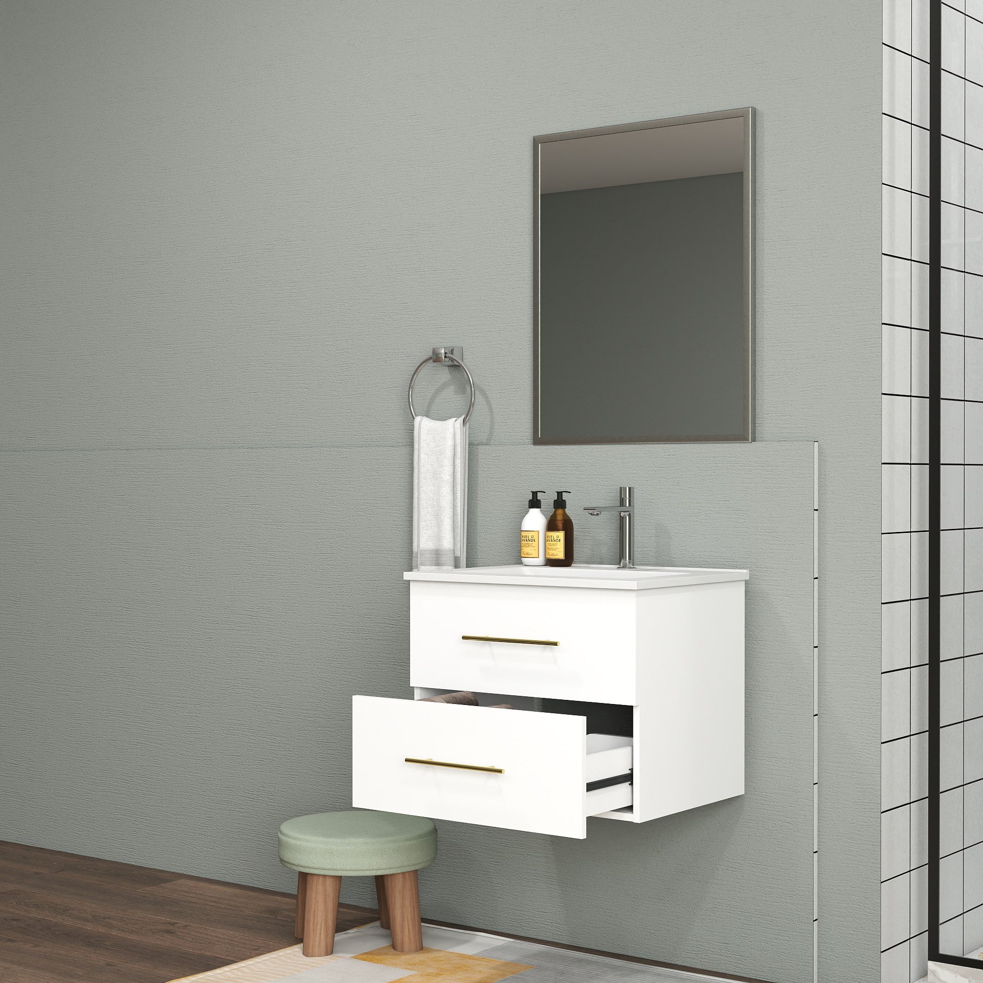 24-Inch Wall-Mounted Bathroom Vanity with Sink and Mirror Combo,Double Drawers, Ceramic Basin, Sliver Aluminum Frame,Easy Assemble,Long Handle In Gold Metal,2 Storage Drawers,Glossy White