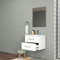 24-Inch Wall-Mounted Bathroom Vanity with Sink and Mirror Combo,Double Drawers, Ceramic Basin, Sliver Aluminum Frame,Easy Assemble,Long Handle In Gold Metal,2 Storage Drawers,Glossy White