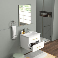 24-Inch Wall-Mounted Bathroom Vanity with Sink and Mirror Combo,Double Drawers, Ceramic Basin, Sliver Aluminum Frame,Easy Assemble,Long Handle In Gold Metal,2 Storage Drawers,Glossy White