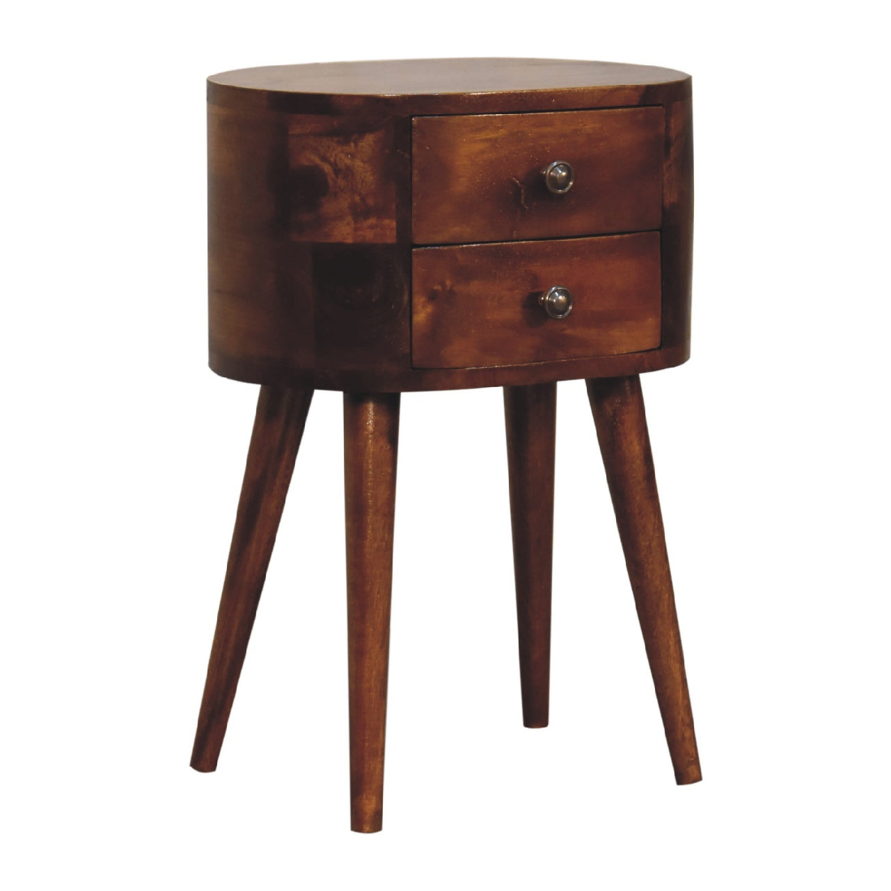 Solid Wood Mini Chestnut Rounded Nightstand, 2-Drawers, Nordic Legs, Brown