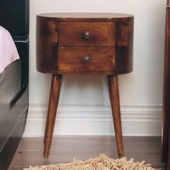 Solid Wood Mini Chestnut Rounded Nightstand, 2-Drawers, Nordic Legs, Brown