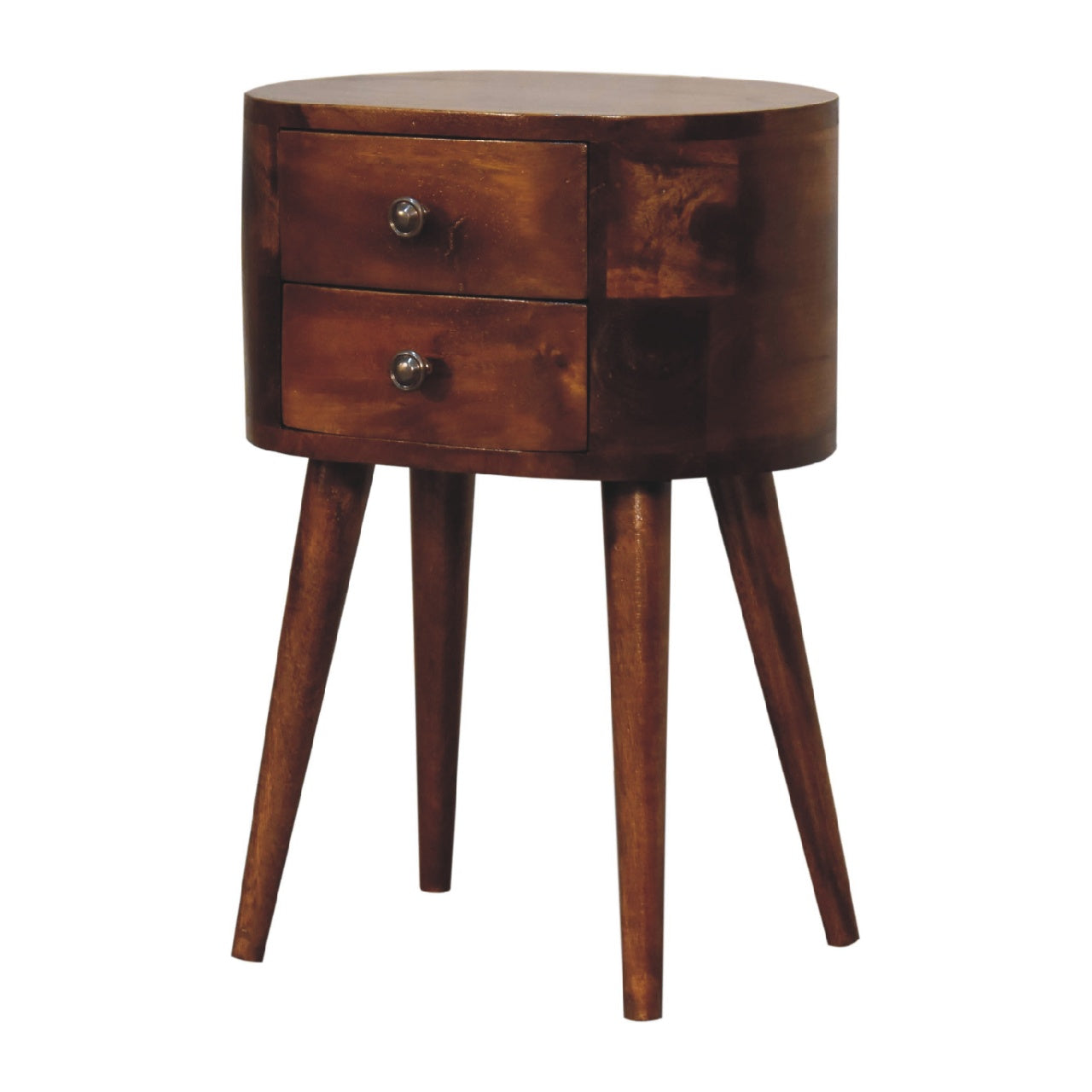 Solid Wood Mini Chestnut Rounded Nightstand, 2-Drawers, Nordic Legs, Brown