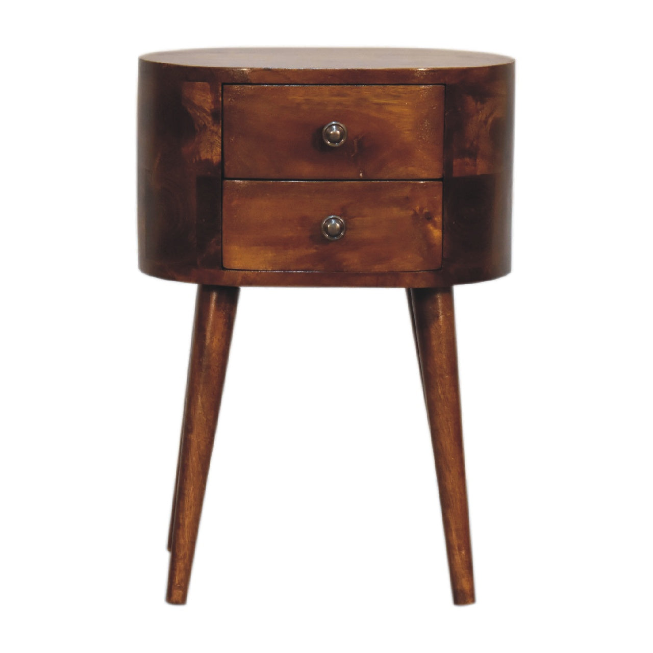 Solid Wood Mini Chestnut Rounded Nightstand, 2-Drawers, Nordic Legs, Brown