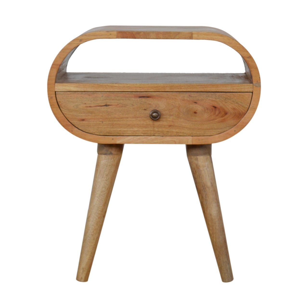 Circular Open Slot Nightstand, 1-Drawer, 1 Open Slot, Nordic Legs, Oak and Brown