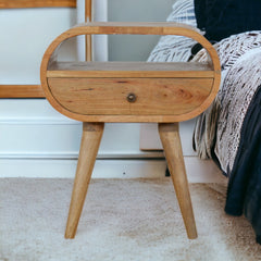 Circular Open Slot Nightstand, 1-Drawer, 1 Open Slot, Nordic Legs, Oak and Brown