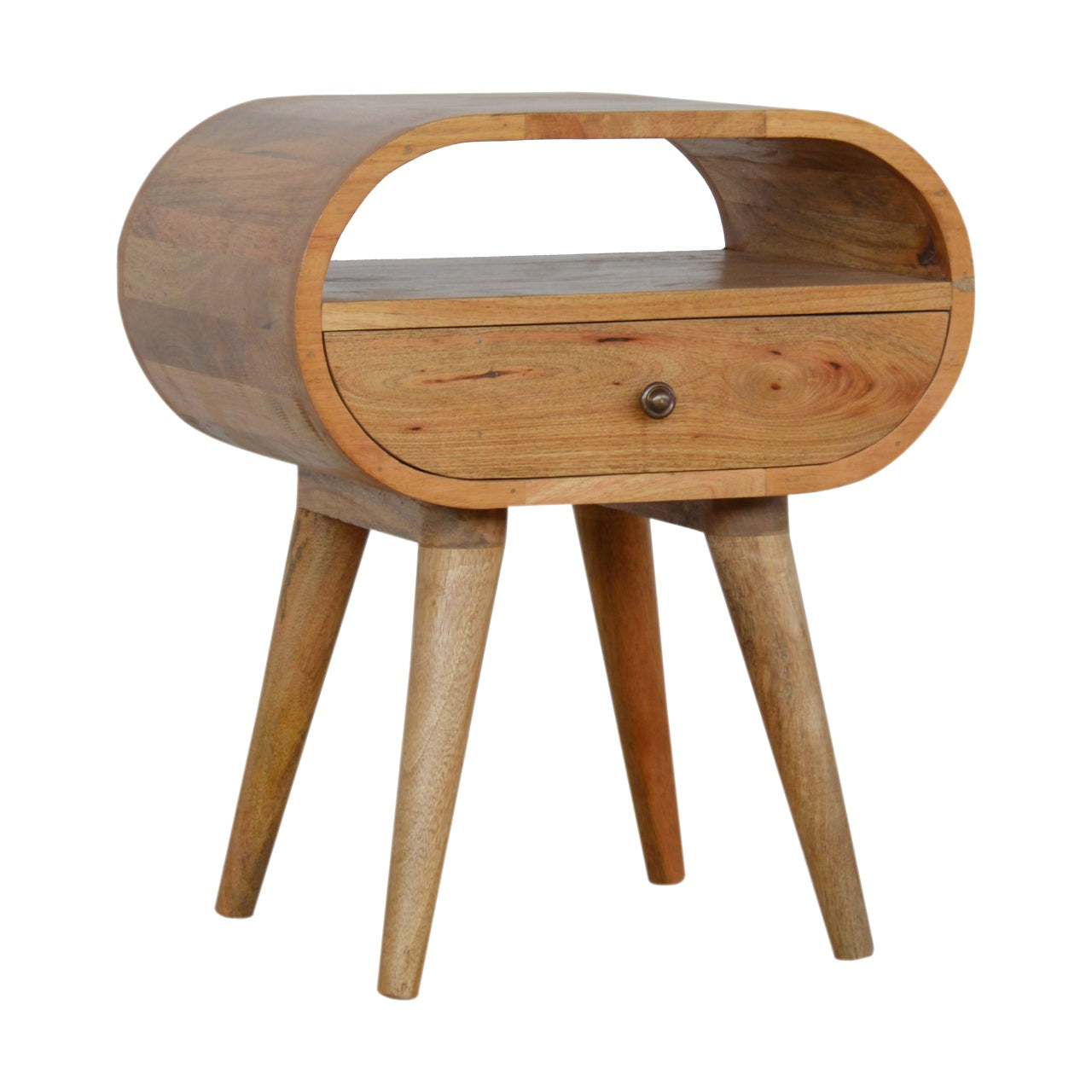 Circular Open Slot Nightstand, 1-Drawer, 1 Open Slot, Nordic Legs, Oak and Brown