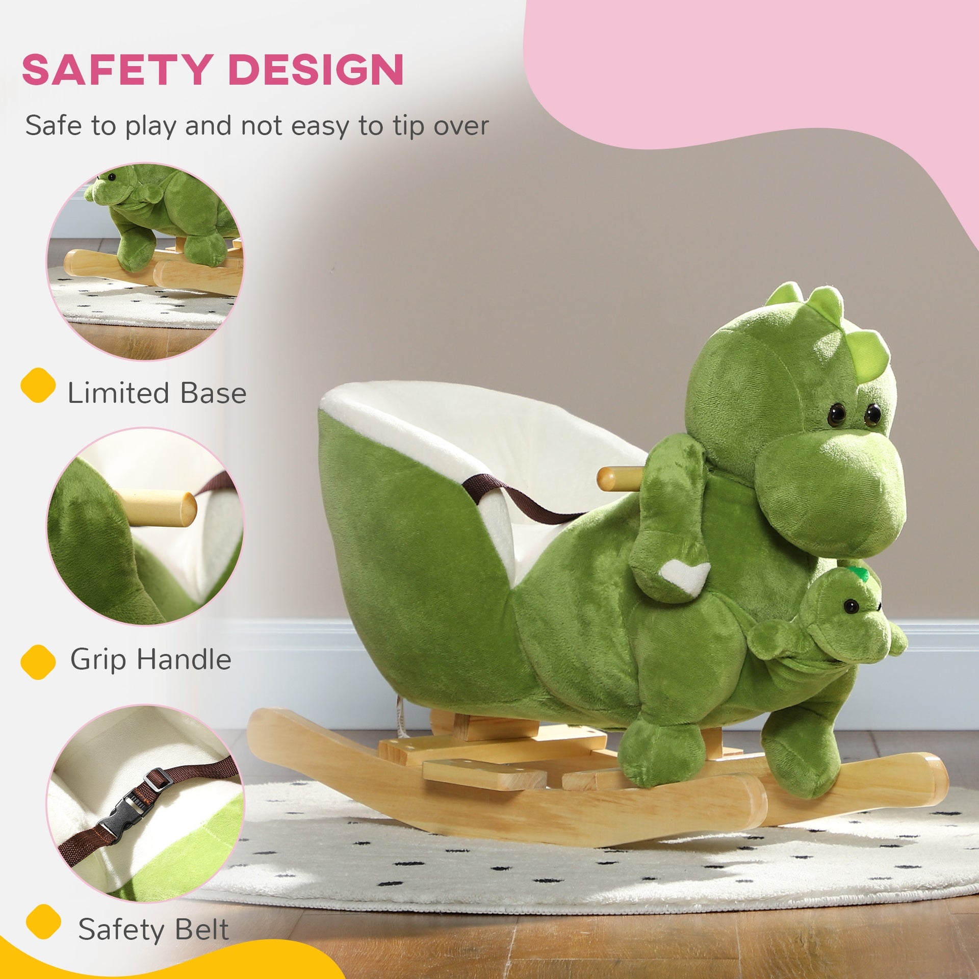 Qaba Baby Rocking Horse, Toddler Plush Dinosaur Animal Rocker with Seat Belt, 32 Songs, Hand Puppet, Kids Riding Horse Rocking Chair for 18-36 Months, Green
