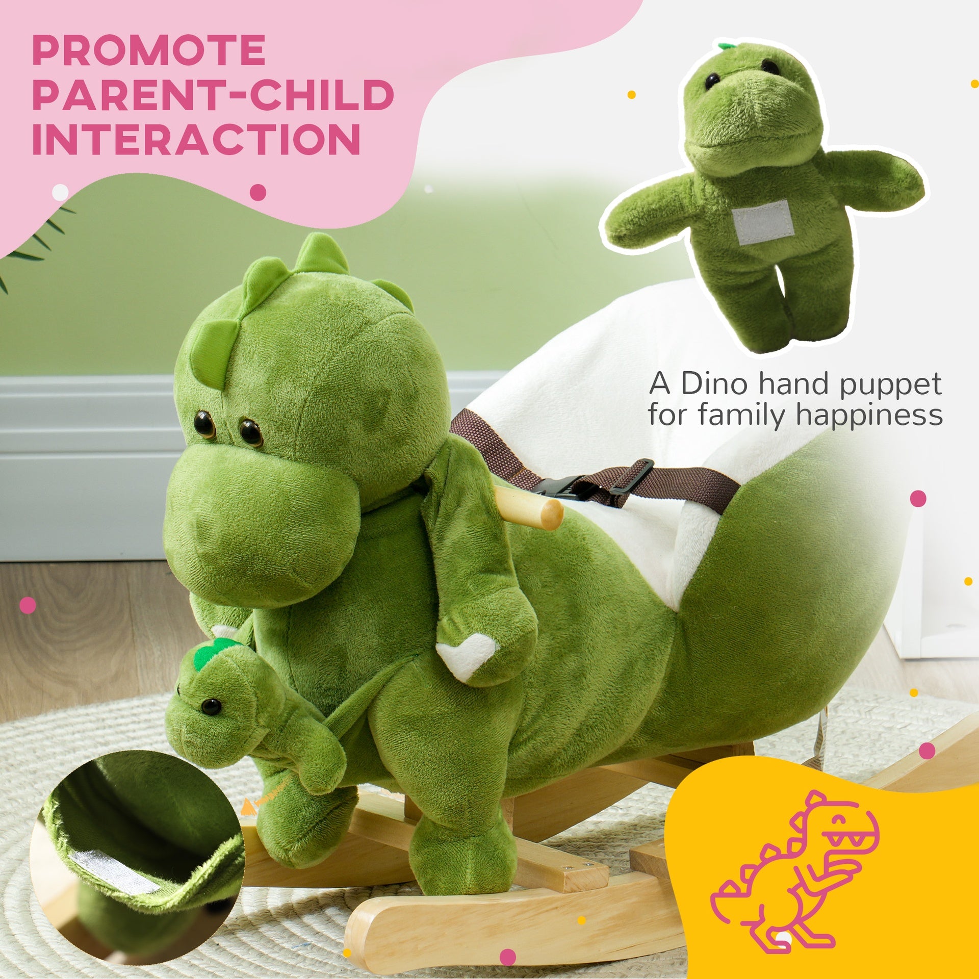 Qaba Baby Rocking Horse, Toddler Plush Dinosaur Animal Rocker with Seat Belt, 32 Songs, Hand Puppet, Kids Riding Horse Rocking Chair for 18-36 Months, Green