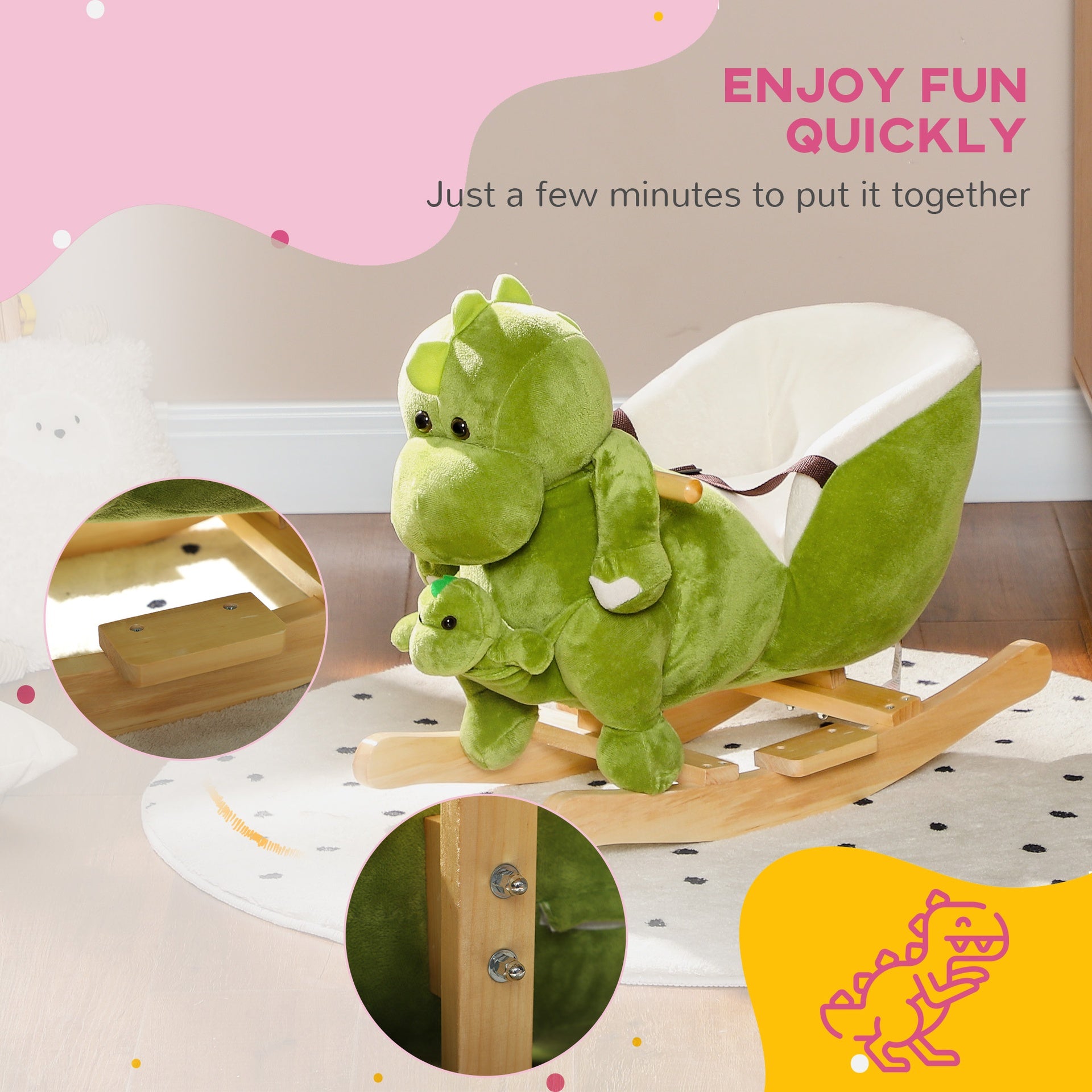 Qaba Baby Rocking Horse, Toddler Plush Dinosaur Animal Rocker with Seat Belt, 32 Songs, Hand Puppet, Kids Riding Horse Rocking Chair for 18-36 Months, Green