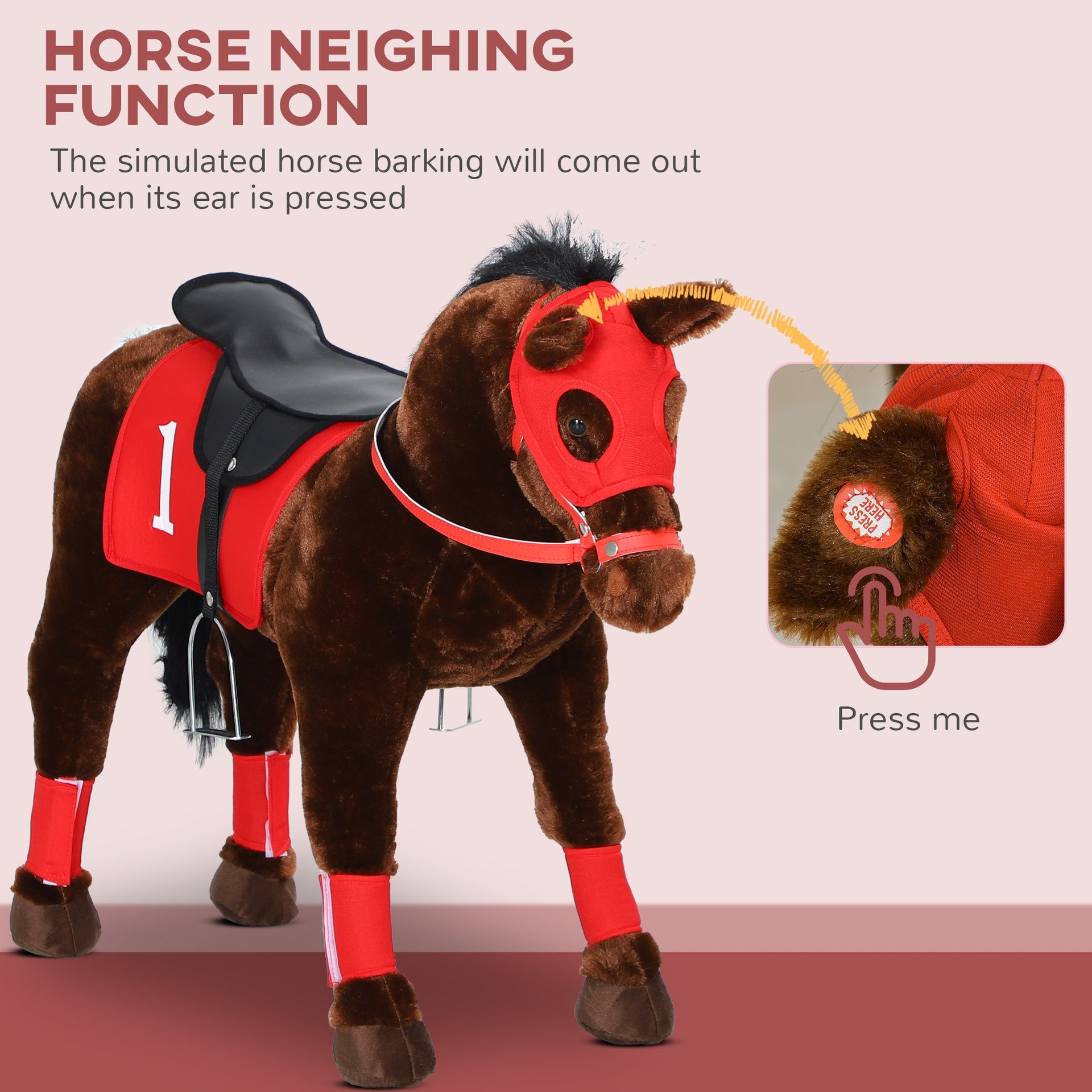 Qaba Ride on Horse for Kids 3-8 Years Old, Toddlers Race Horse with Neighing Sound, Ride on Animal Pony Toy with Saddle & Stirrups, Brown