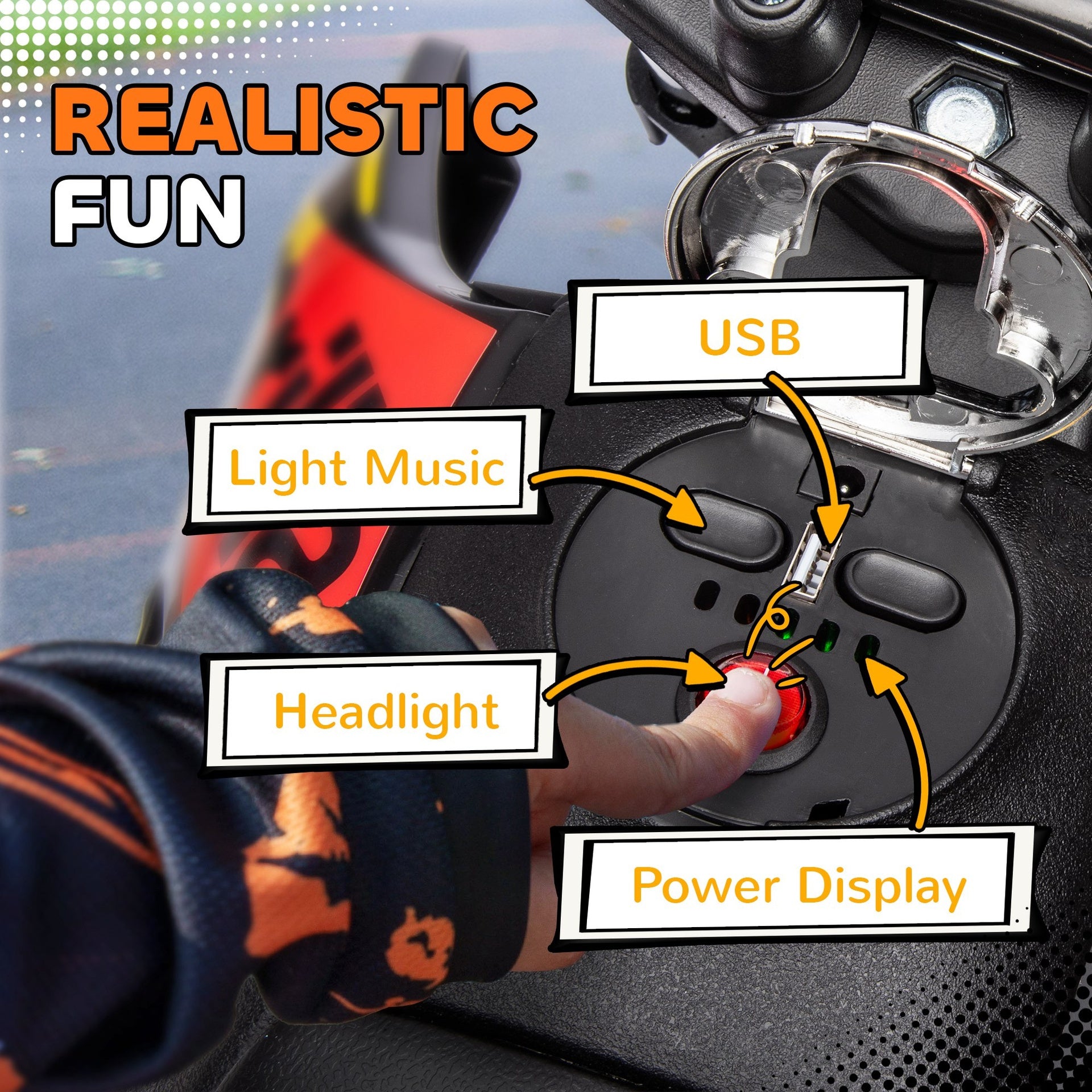 Qaba 12V Kids Motorcycle, Aprilia Licenced Electric Motorcycle for Kids with Training Wheels, Spring Suspension, LED Light, USB, Music, Battery Powered Electric Dirt Bike for Boys Girls, Yellow