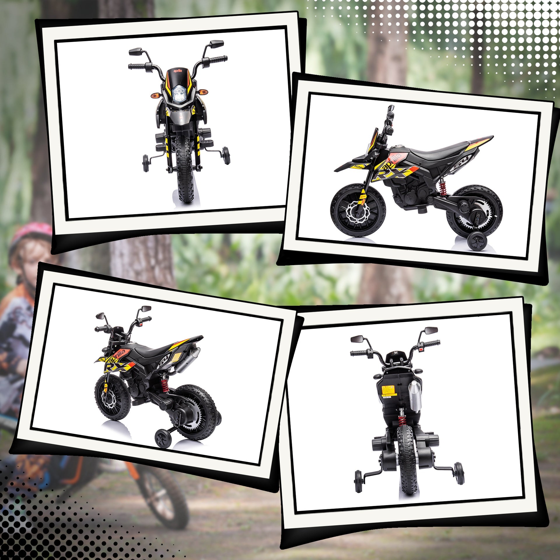 Qaba 12V Kids Motorcycle, Aprilia Licenced Electric Motorcycle for Kids with Training Wheels, Spring Suspension, LED Light, USB, Music, Battery Powered Electric Dirt Bike for Boys Girls, Yellow