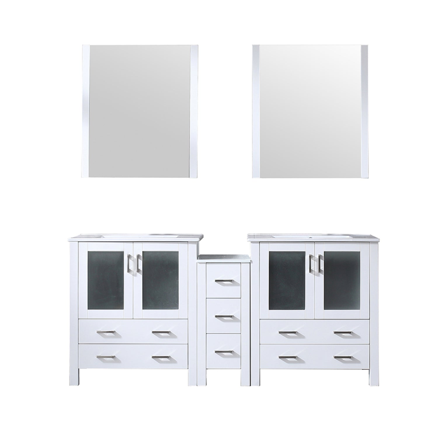 White Double Bath Vanity 72 in. W x 18.25 in. D, with Side Cabinets, White Ceramic Top, and 28 in. Mirrors